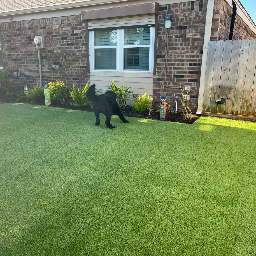 Luxury artificial turf installations in South Houston include this pet-friendly artificial turf installation in a backyard completed by Sermons Turf Installs.